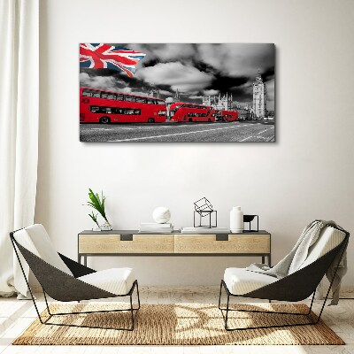 Vászonkép Vörös londoni buszok az Egyesült Királyság zászlójával