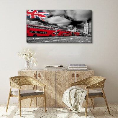 Vászonkép Vörös londoni buszok az Egyesült Királyság zászlójával