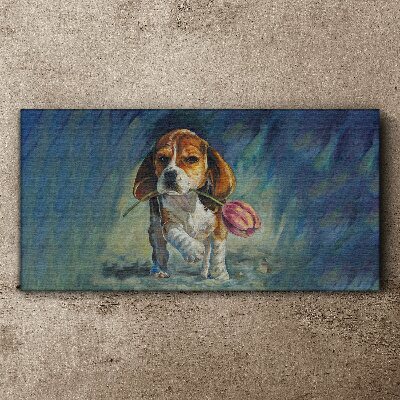 Vászonkép Egy kutya rózsával az égen