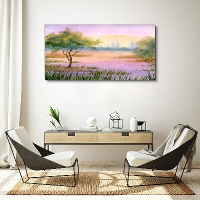 Vászonkép Reggeli táj egy fával