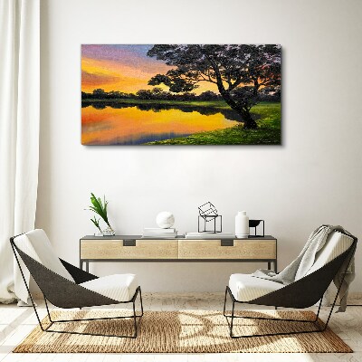 Vászonkép Naplemente a tó felett