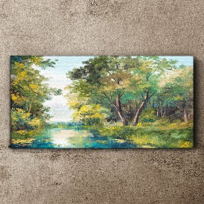 Vászonkép Békés erdei táj a víz mellett