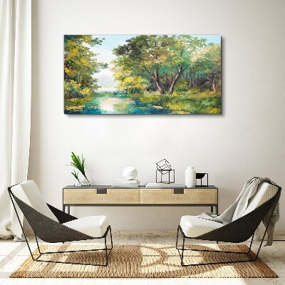 Vászonkép Békés erdei táj a víz mellett