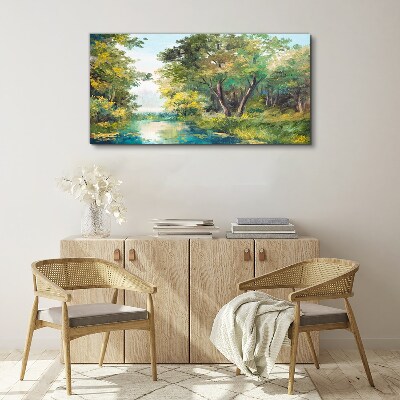 Vászonkép Békés erdei táj a víz mellett