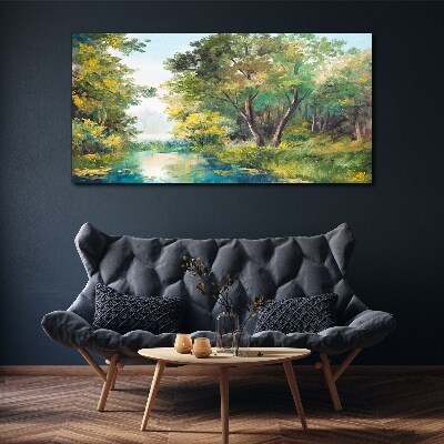 Vászonkép Békés erdei táj a víz mellett