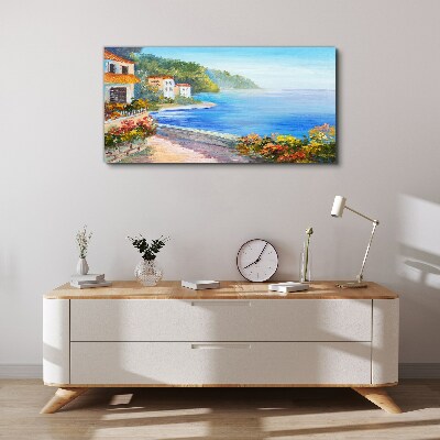 Vászonkép Tengerparti táj színes házakkal