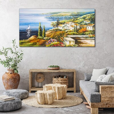 Vászonkép Tengerparti táj vitorlással