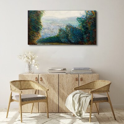 Vászonkép Zöld táj köddel