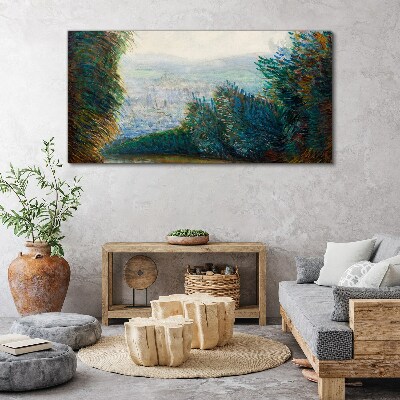 Vászonkép Zöld táj köddel