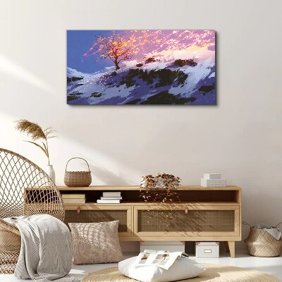 Vászonkép Téli táj egy égő fával