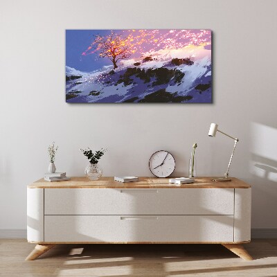 Vászonkép Téli táj egy égő fával