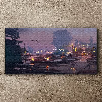 Vászonkép Naplemente a kikötő felett