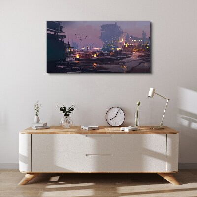 Vászonkép Naplemente a kikötő felett