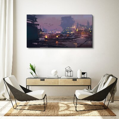 Vászonkép Naplemente a kikötő felett