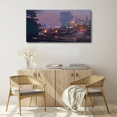 Vászonkép Naplemente a kikötő felett