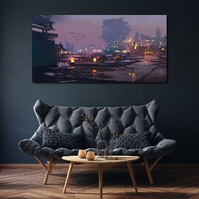 Vászonkép Naplemente a kikötő felett