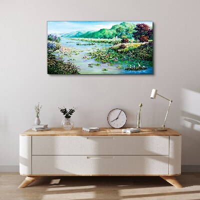 Vászonkép Táj tavirózsákkal