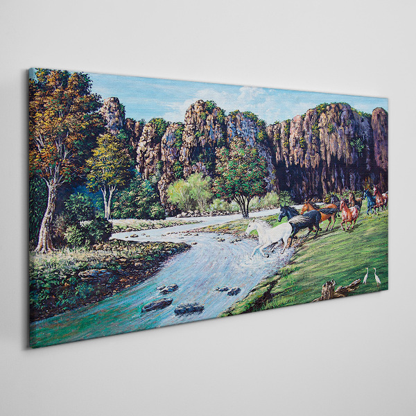 Vászonkép Táj lovakkal a folyó mellett