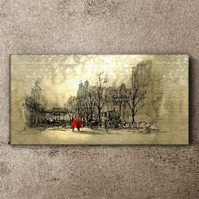 Vászonkép Piros kabát a városképen