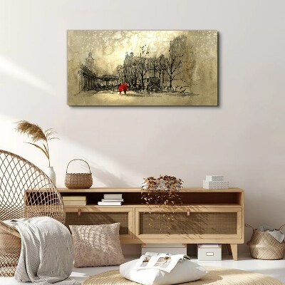 Vászonkép Piros kabát a városképen