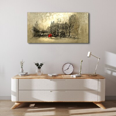 Vászonkép Piros kabát a városképen