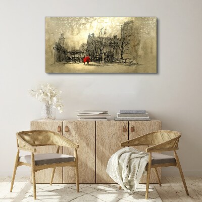 Vászonkép Piros kabát a városképen