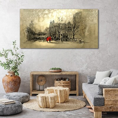 Vászonkép Piros kabát a városképen