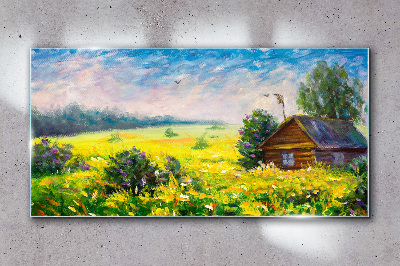 Üvegkép Nyári tájak egy kunyhóval a mezőn