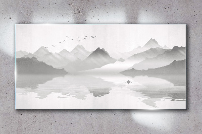 Üvegkép Absztrakciós tó hegyek madarak