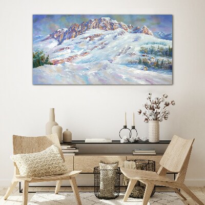 Üvegkép A hó hegyek téli festménye