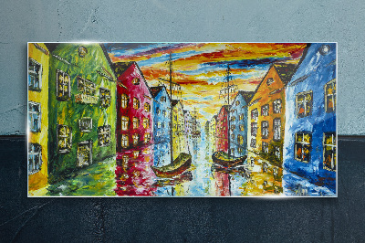Üvegkép Színes sorházak a folyó mellett