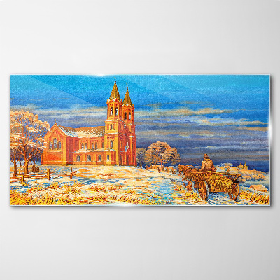 Üvegkép Téli táj templommal