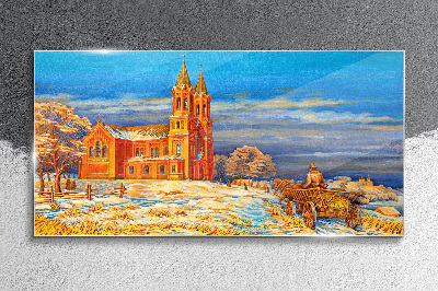 Üvegkép Téli táj templommal