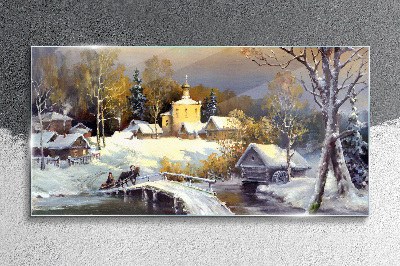 Üvegkép Téli táj falusi templommal