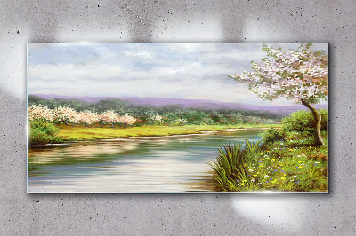 Üvegkép Fa folyó virágok táj