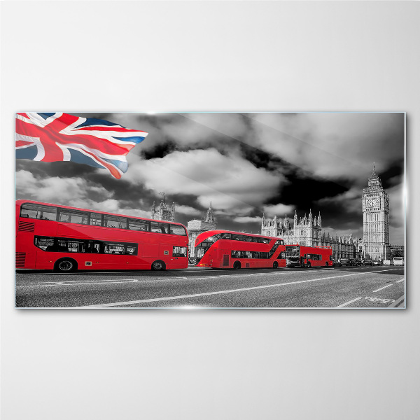 Üvegkép Vörös londoni buszok az Egyesült Királyság zászlójával