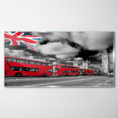 Üvegkép Vörös londoni buszok az Egyesült Királyság zászlójával