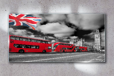 Üvegkép Vörös londoni buszok az Egyesült Királyság zászlójával