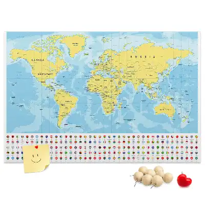 Világtérképes parafa üzenőtábla zászlókkal