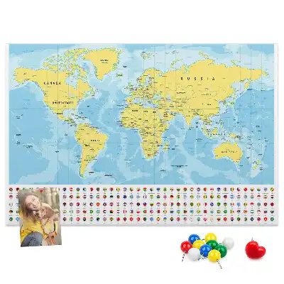 Világtérképes parafa üzenőtábla zászlókkal